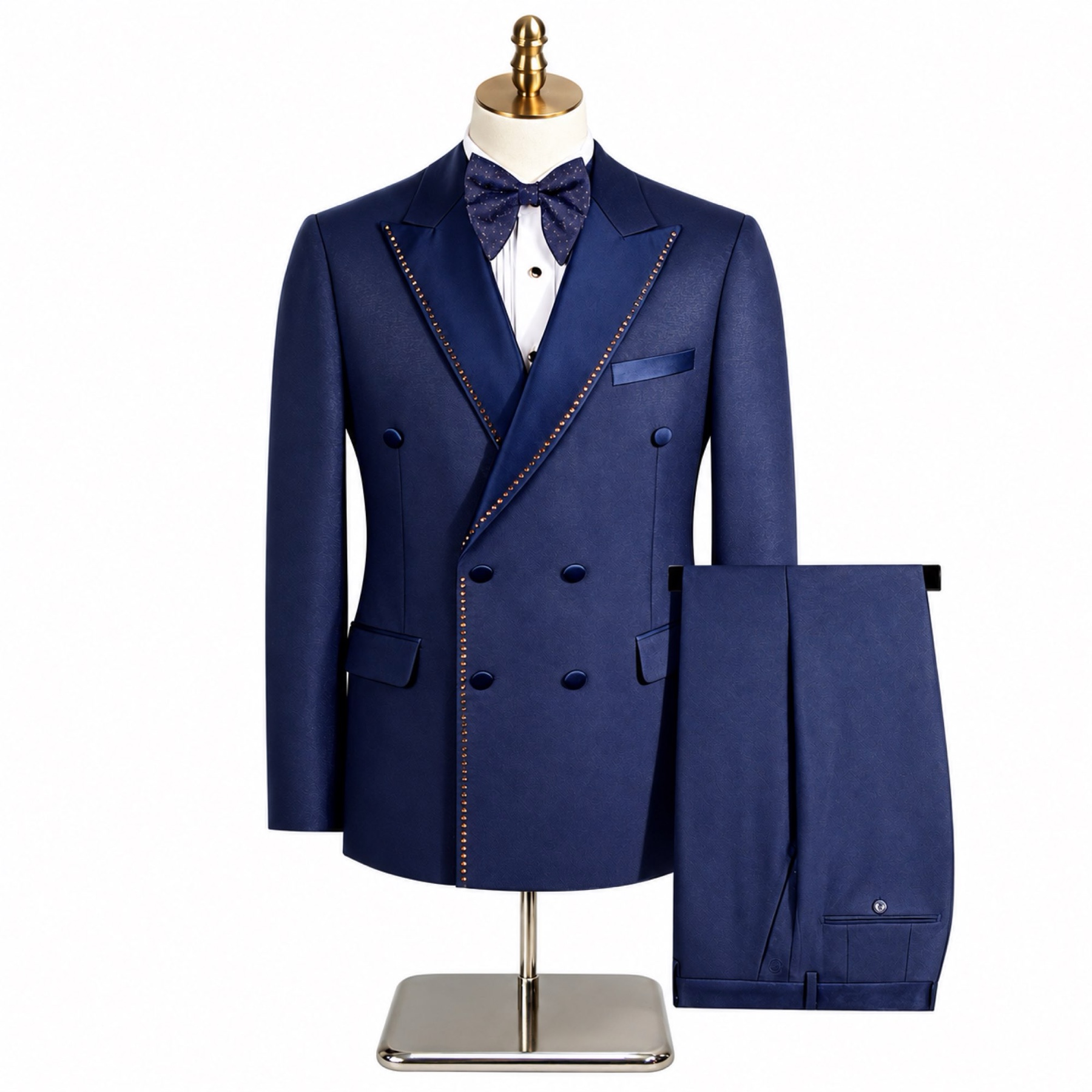 Men's black double-breasted blazer with gold studded shawl lapels and matching trousers