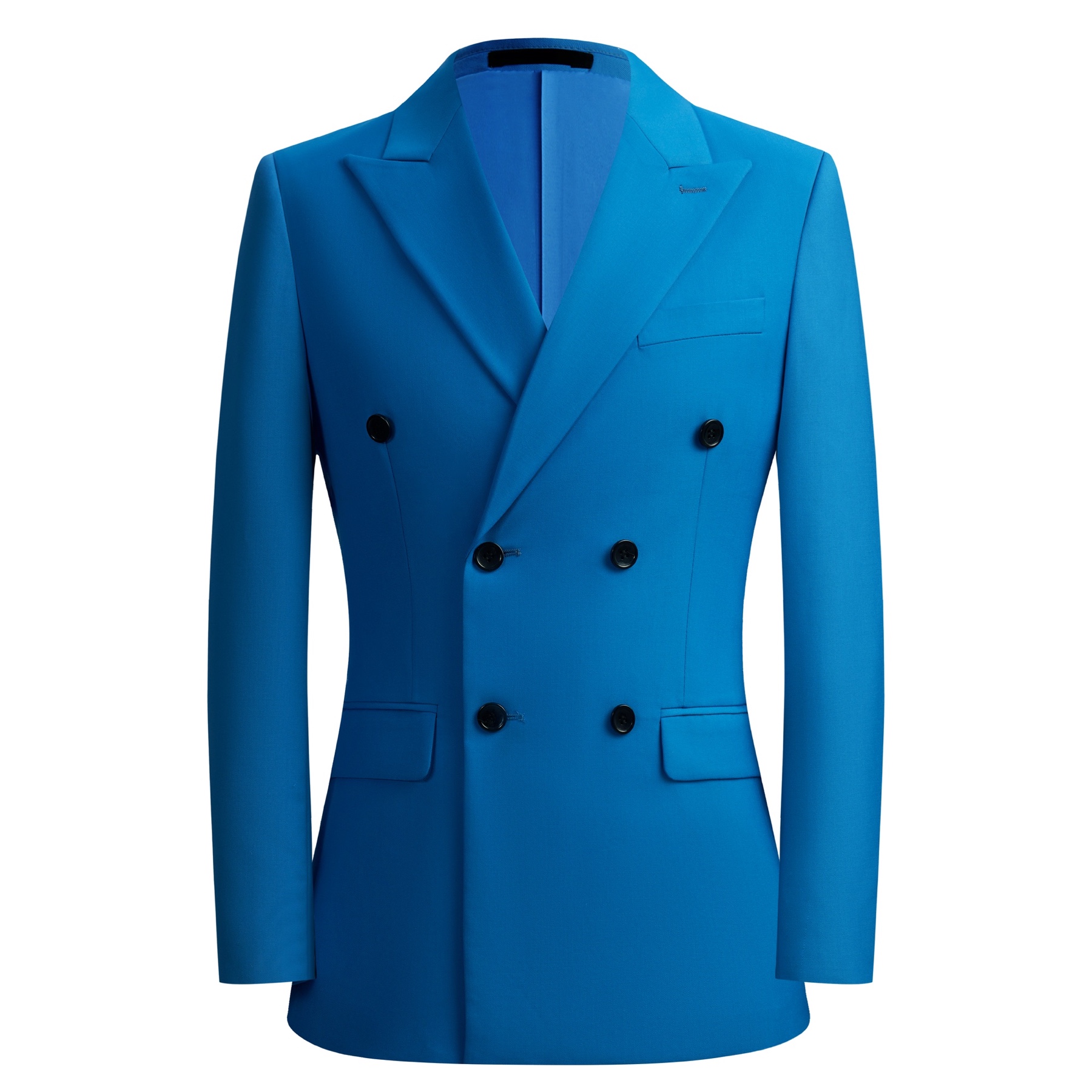 Front view of a vibrant blue men's double-breasted suit jacket and matching trousers on a white background.