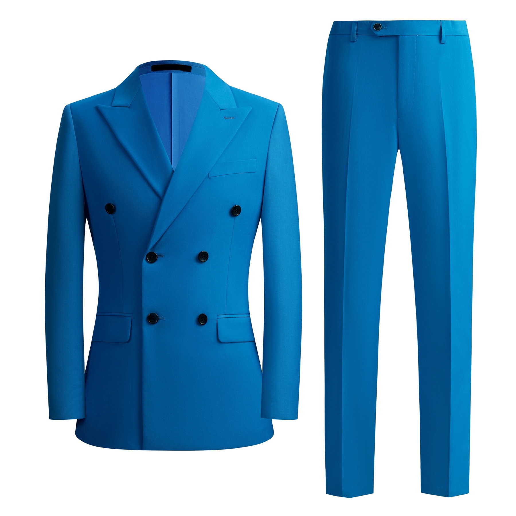 Front view of a vibrant blue men's double-breasted suit jacket and matching trousers on a white background.