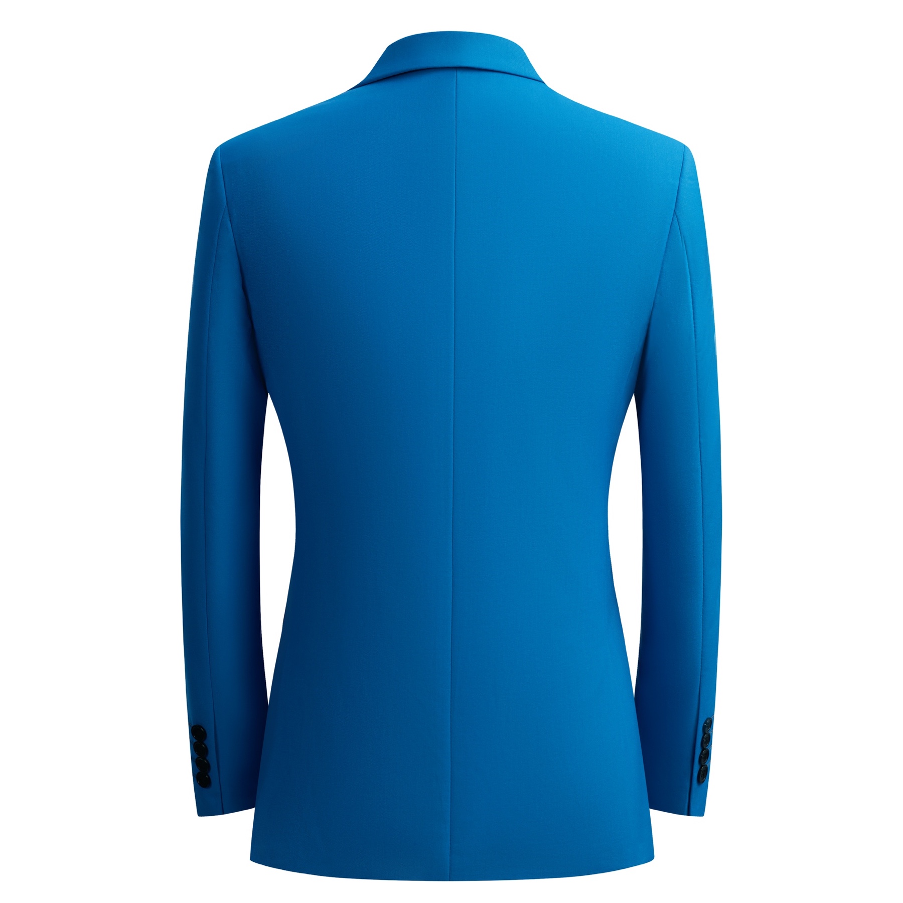 Front view of a vibrant blue men's double-breasted suit jacket and matching trousers on a white background.