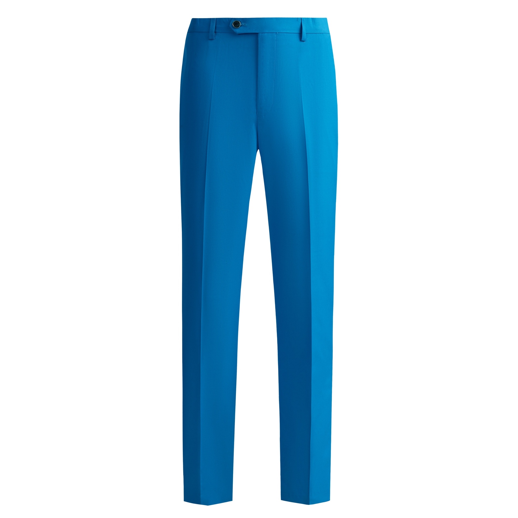 Front view of a vibrant blue men's double-breasted suit jacket and matching trousers on a white background.