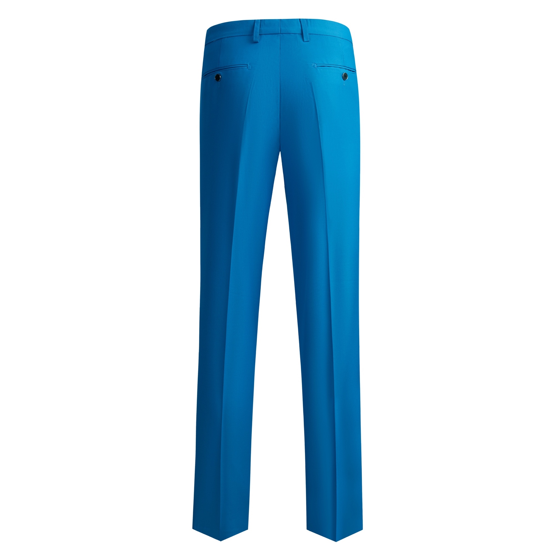 Front view of a vibrant blue men's double-breasted suit jacket and matching trousers on a white background.