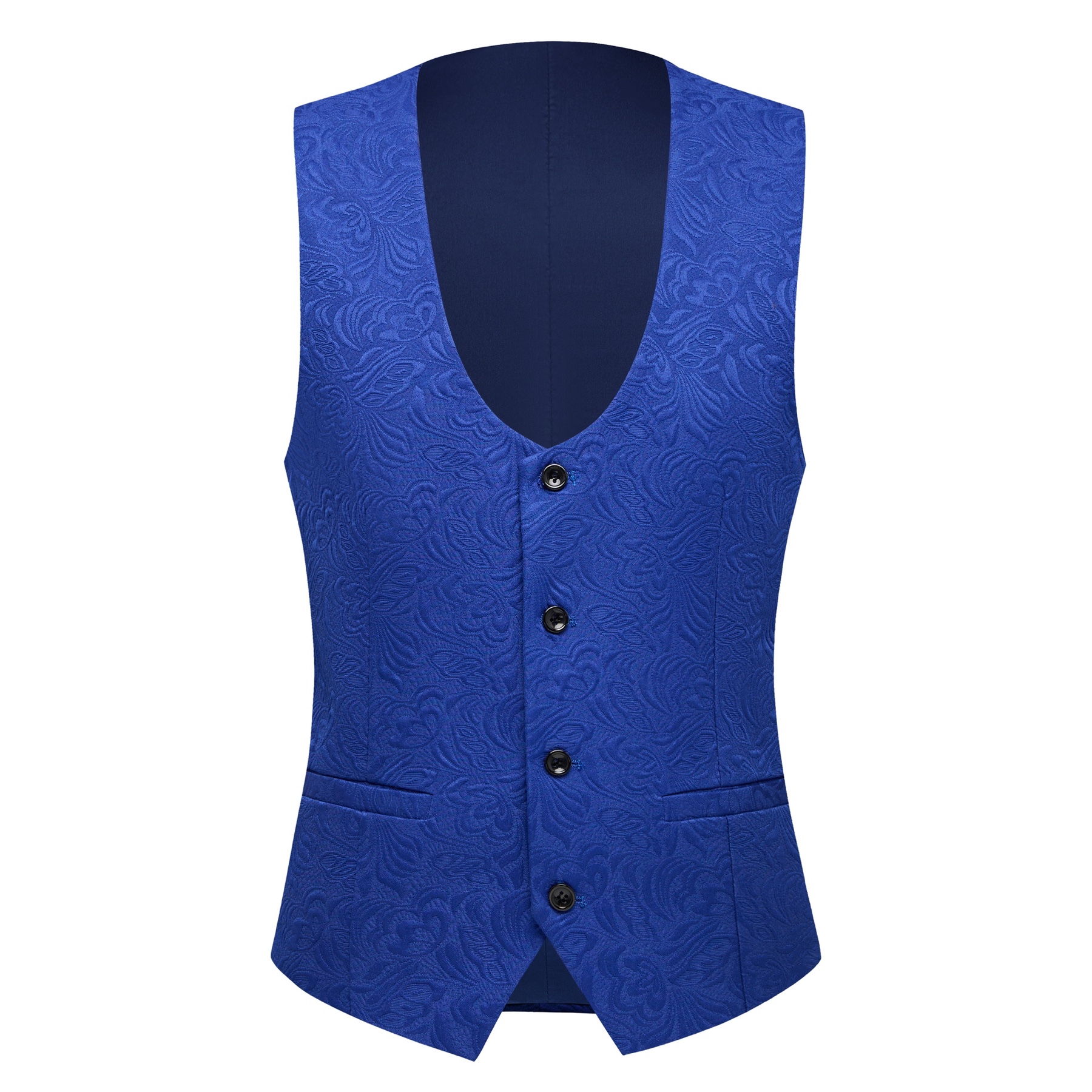 Back view of a vibrant blue jacquard suit jacket with a black velvet shawl collar and intricate floral pattern.