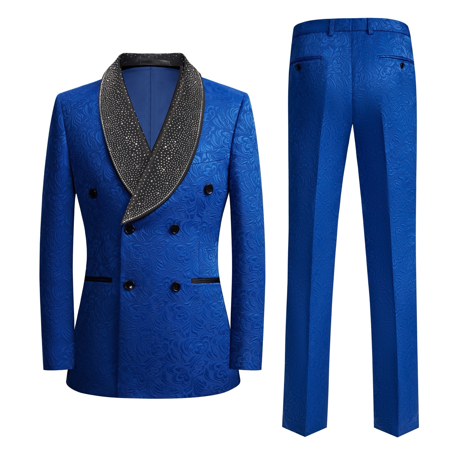 Men's royal blue double-breasted suit with a black rhinestone embellished shawl lapel and matching jacquard trousers.