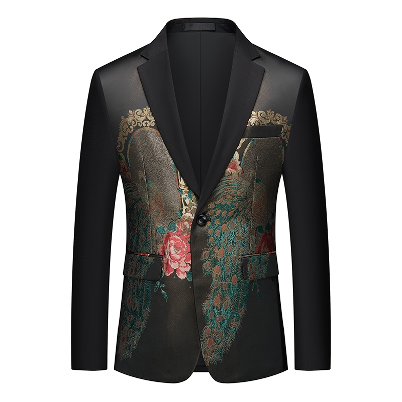 Front view of a men's black jacquard blazer with vibrant red, gold, and green floral and peacock feather patterns.