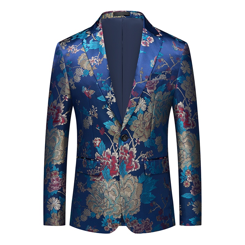 Men's blue floral brocade suit jacket with a one-button closure and intricate gold, teal, and red patterns.