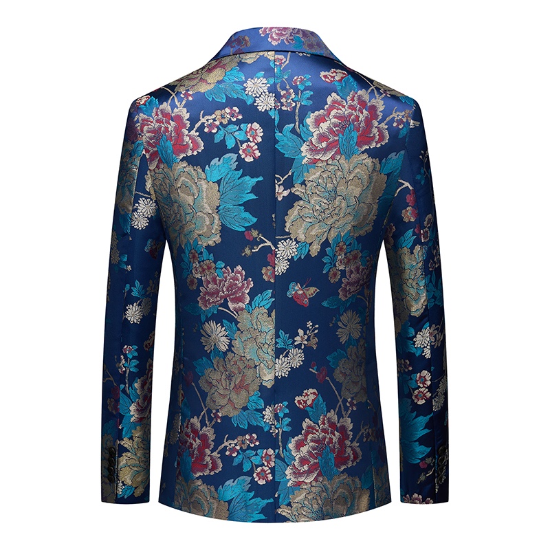 Men's blue floral brocade suit jacket with a one-button closure and intricate gold, teal, and red patterns.