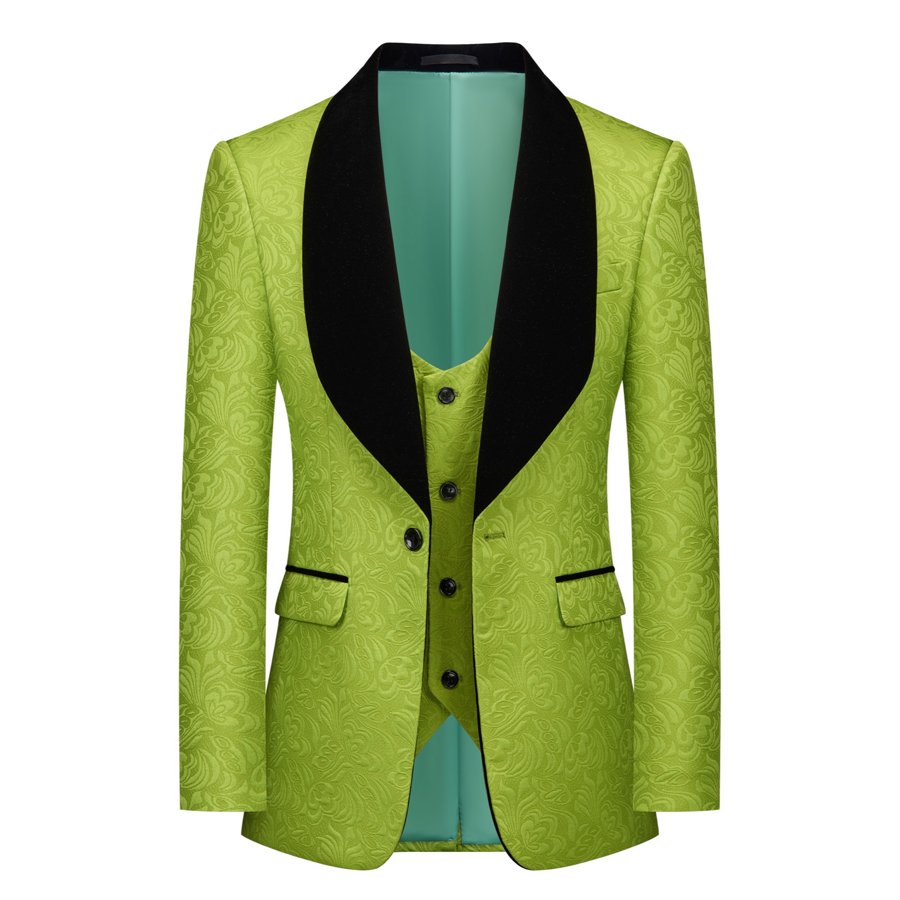 Front view of a men's lime green brocade 3-piece suit with black velvet shawl lapel and matching vest.