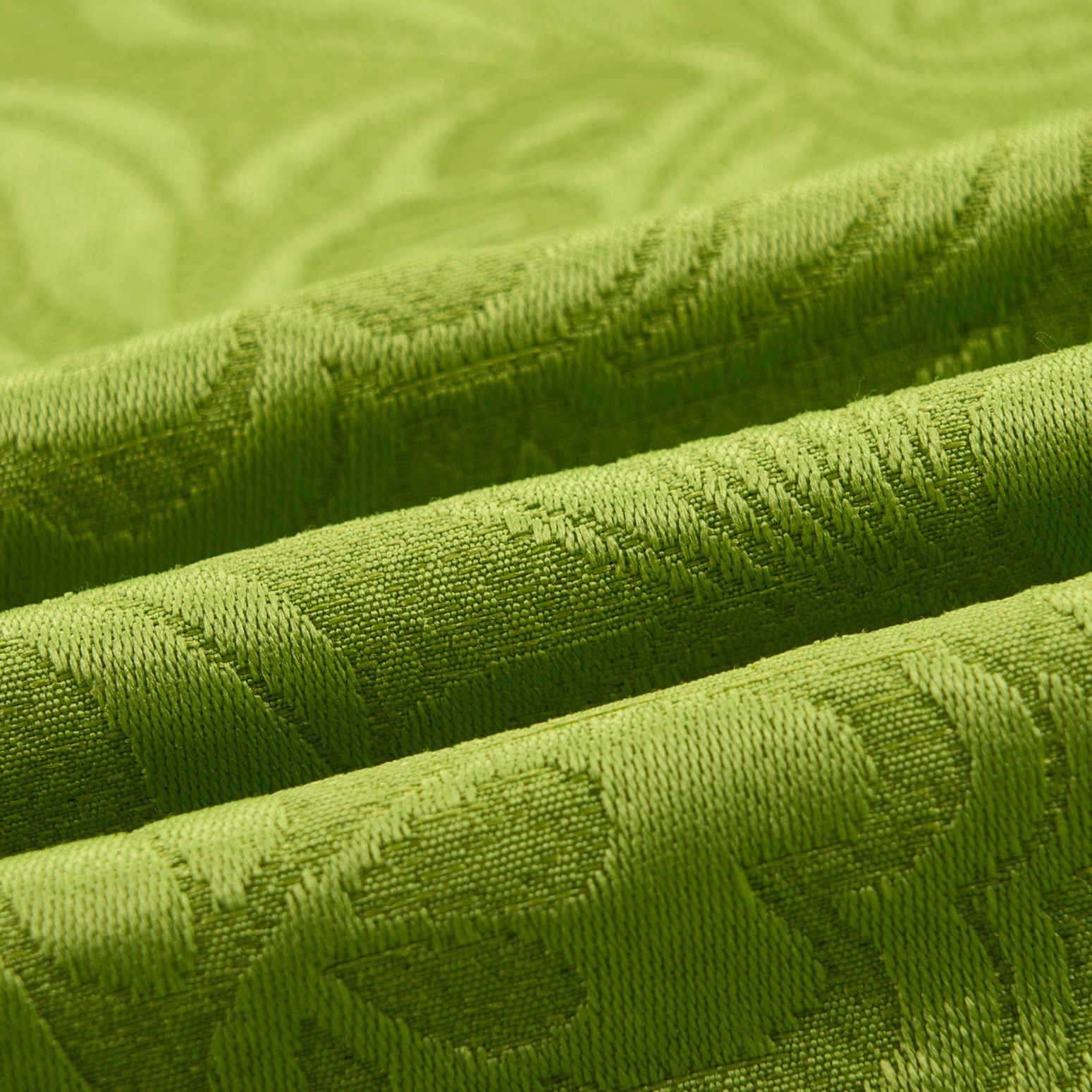 Front view of a men's lime green brocade 3-piece suit with black velvet shawl lapel and matching vest.