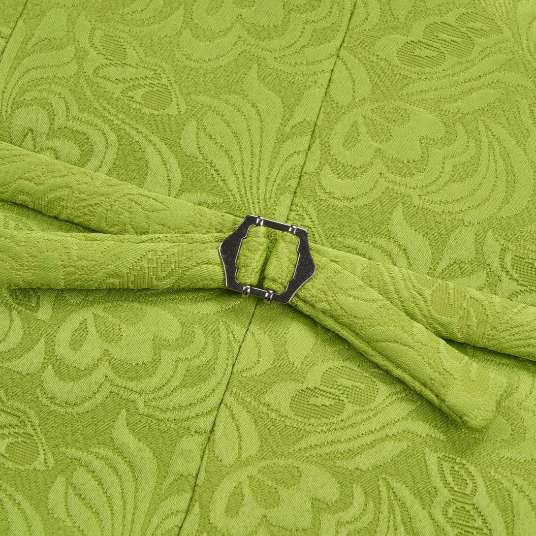 Front view of a men's lime green brocade 3-piece suit with black velvet shawl lapel and matching vest.