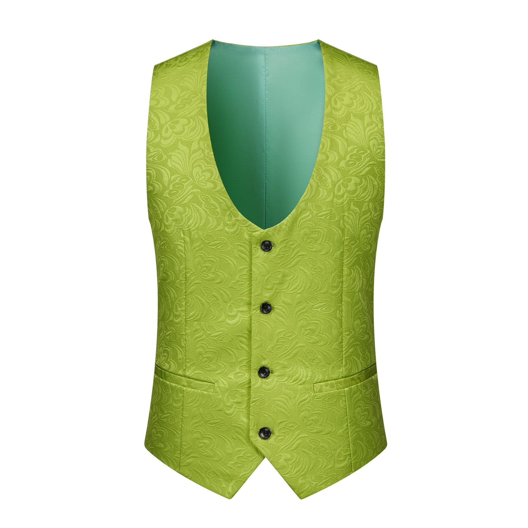 Front view of a men's lime green brocade 3-piece suit with black velvet shawl lapel and matching vest.