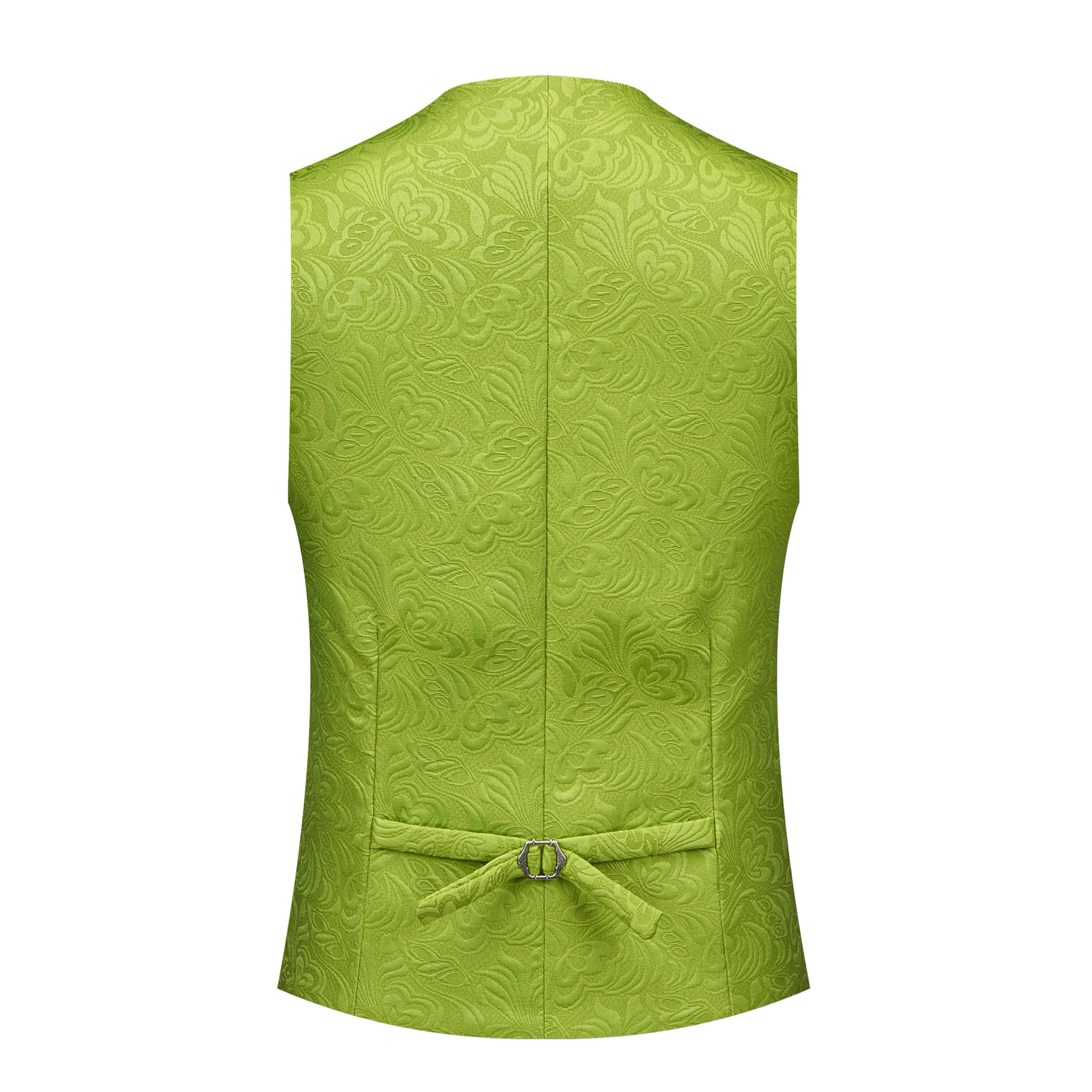 Front view of a men's lime green brocade 3-piece suit with black velvet shawl lapel and matching vest.
