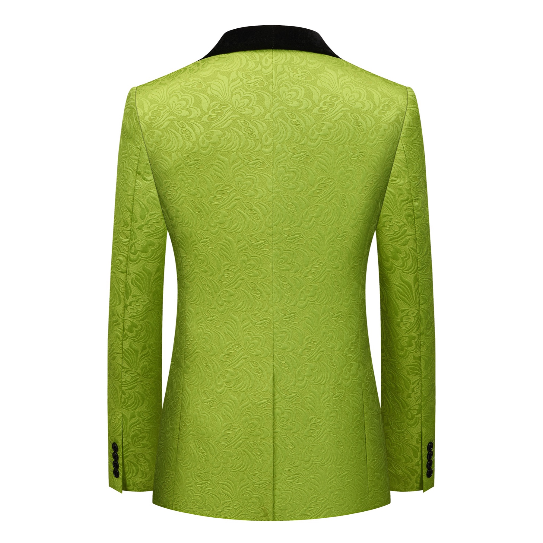 Front view of a men's lime green brocade 3-piece suit with black velvet shawl lapel and matching vest.