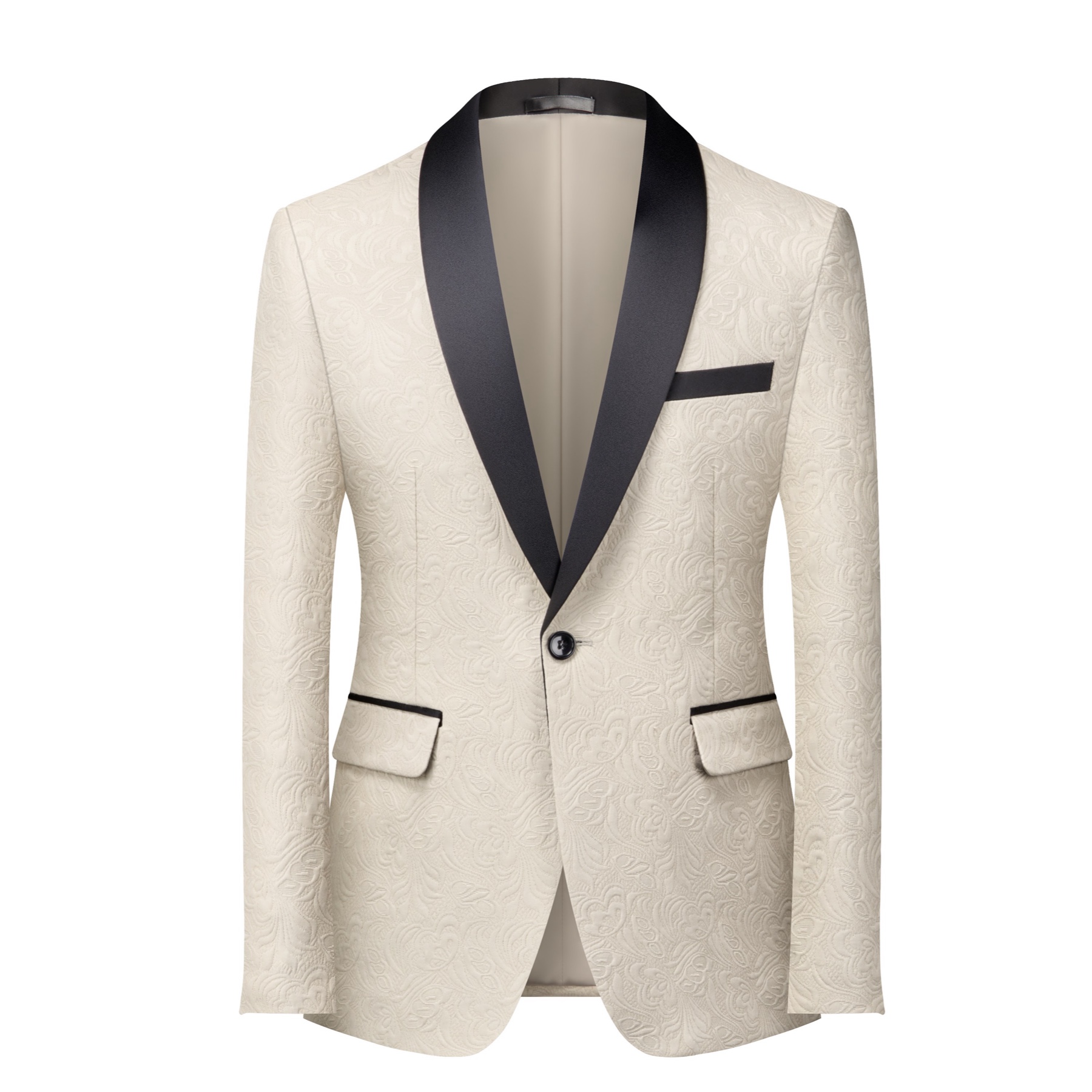 Front view of a men's cream jacquard tuxedo jacket with black satin shawl lapel and one-button closure