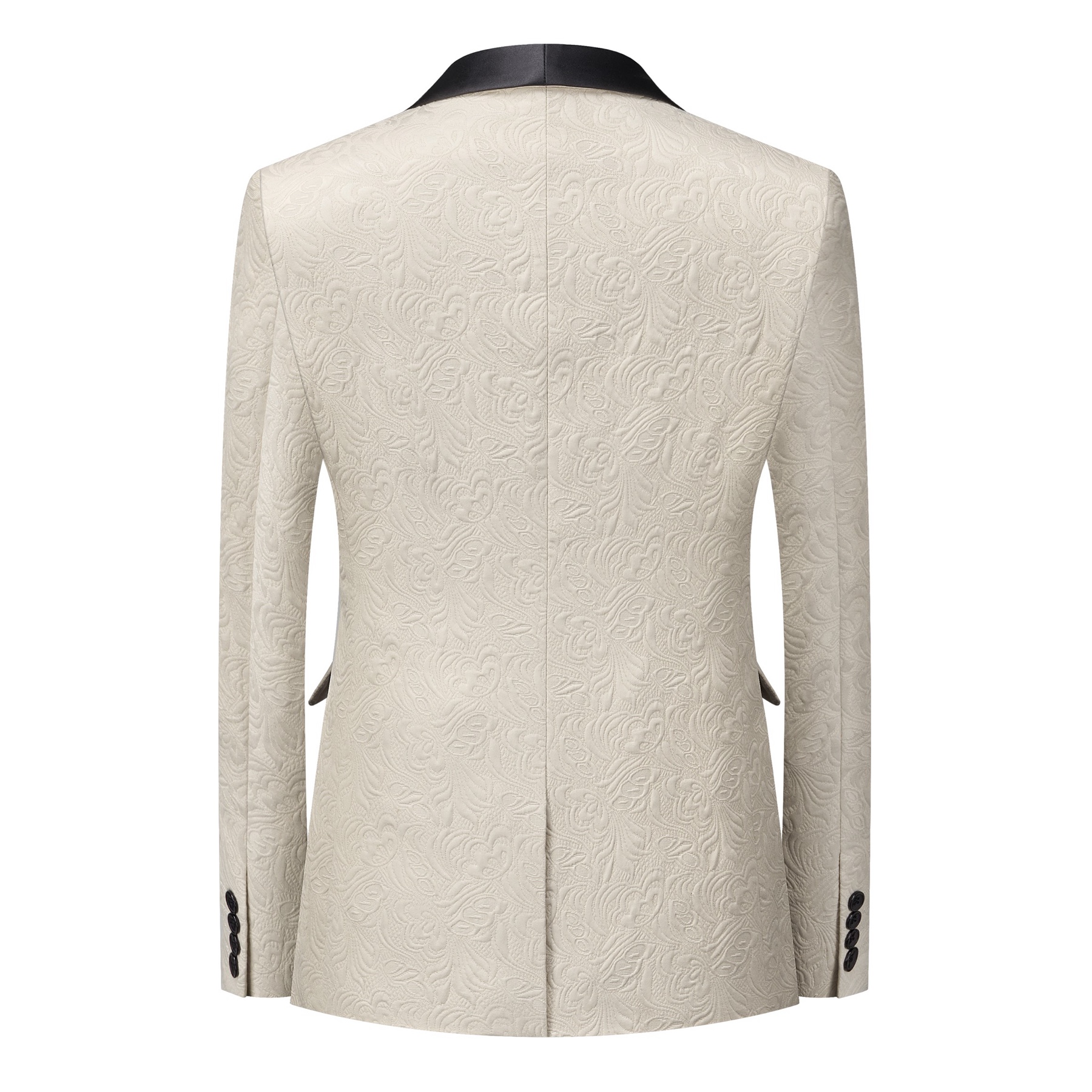 Front view of a men's cream jacquard tuxedo jacket with black satin shawl lapel and one-button closure