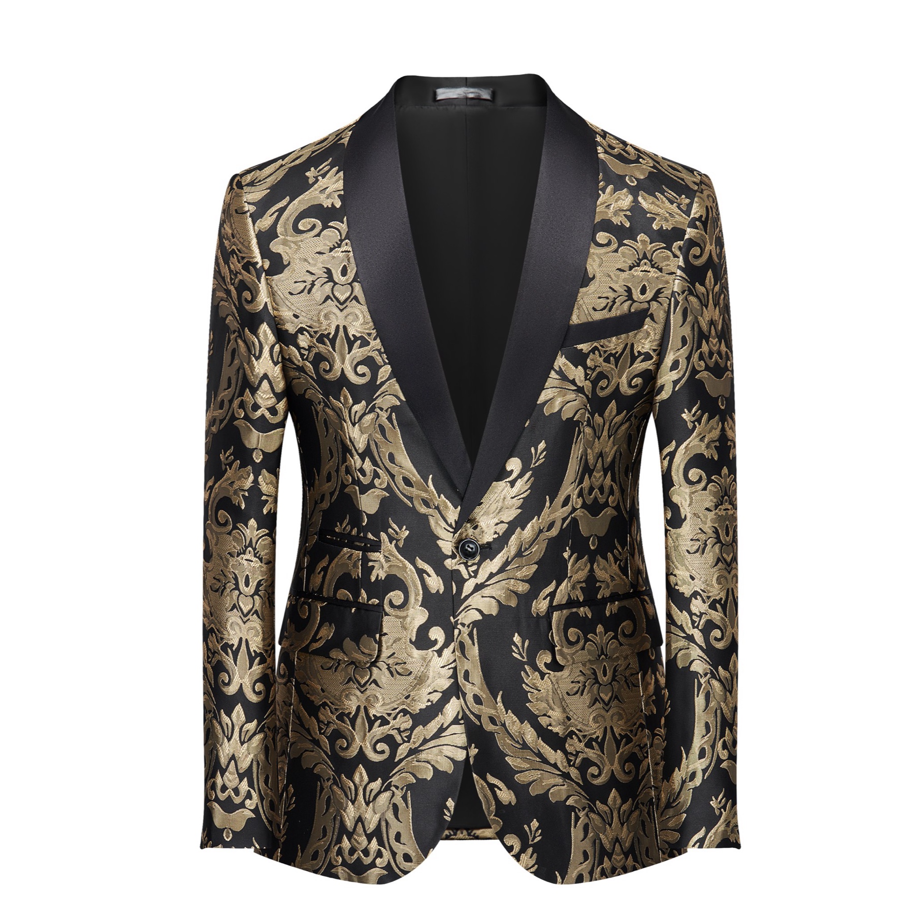 Front view of a men's black and gold damask patterned blazer with a black satin shawl lapel and one button closure.