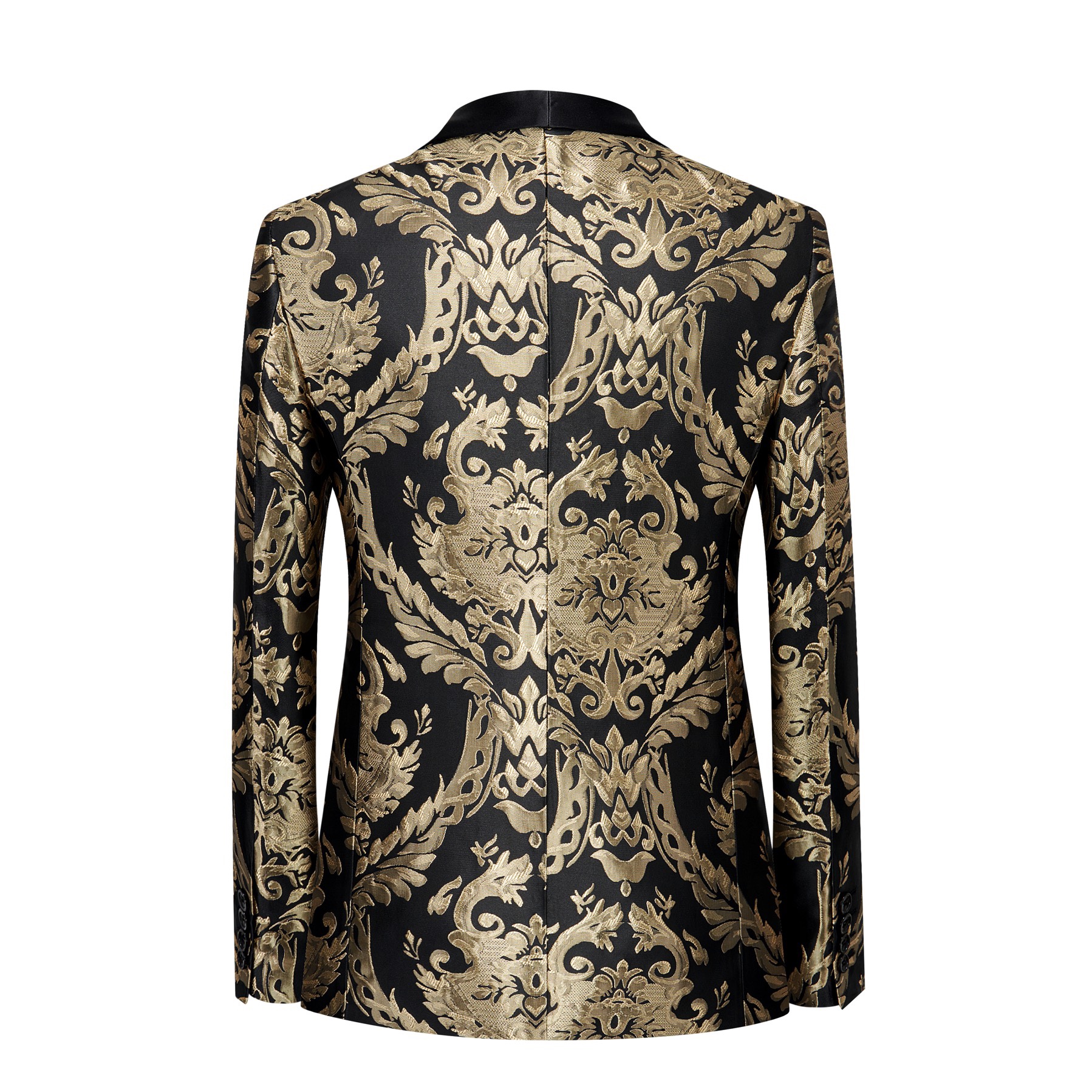 Front view of a men's black and gold damask patterned blazer with a black satin shawl lapel and one button closure.