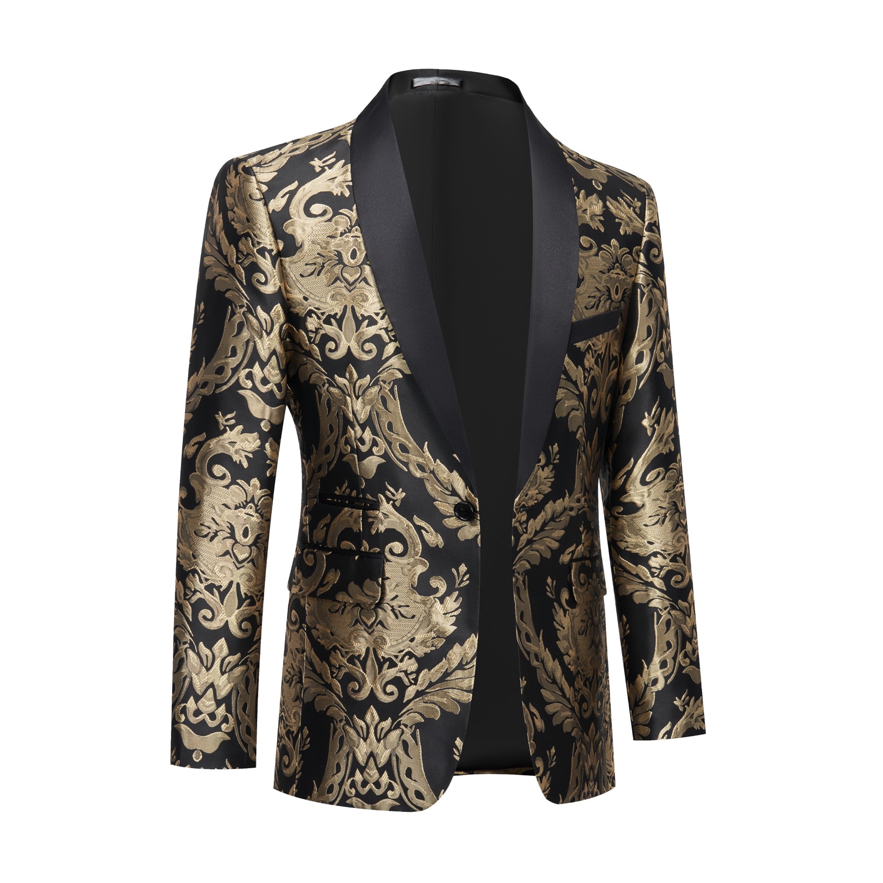 Front view of a men's black and gold damask patterned blazer with a black satin shawl lapel and one button closure.