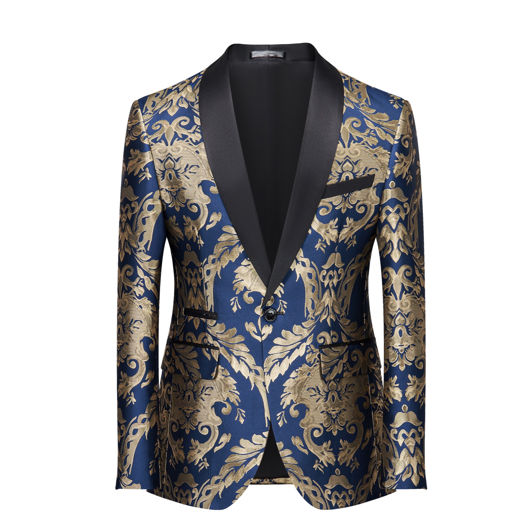 Front view of a men's blue and gold damask patterned blazer with black shawl lapels, one-button closure, and black trim