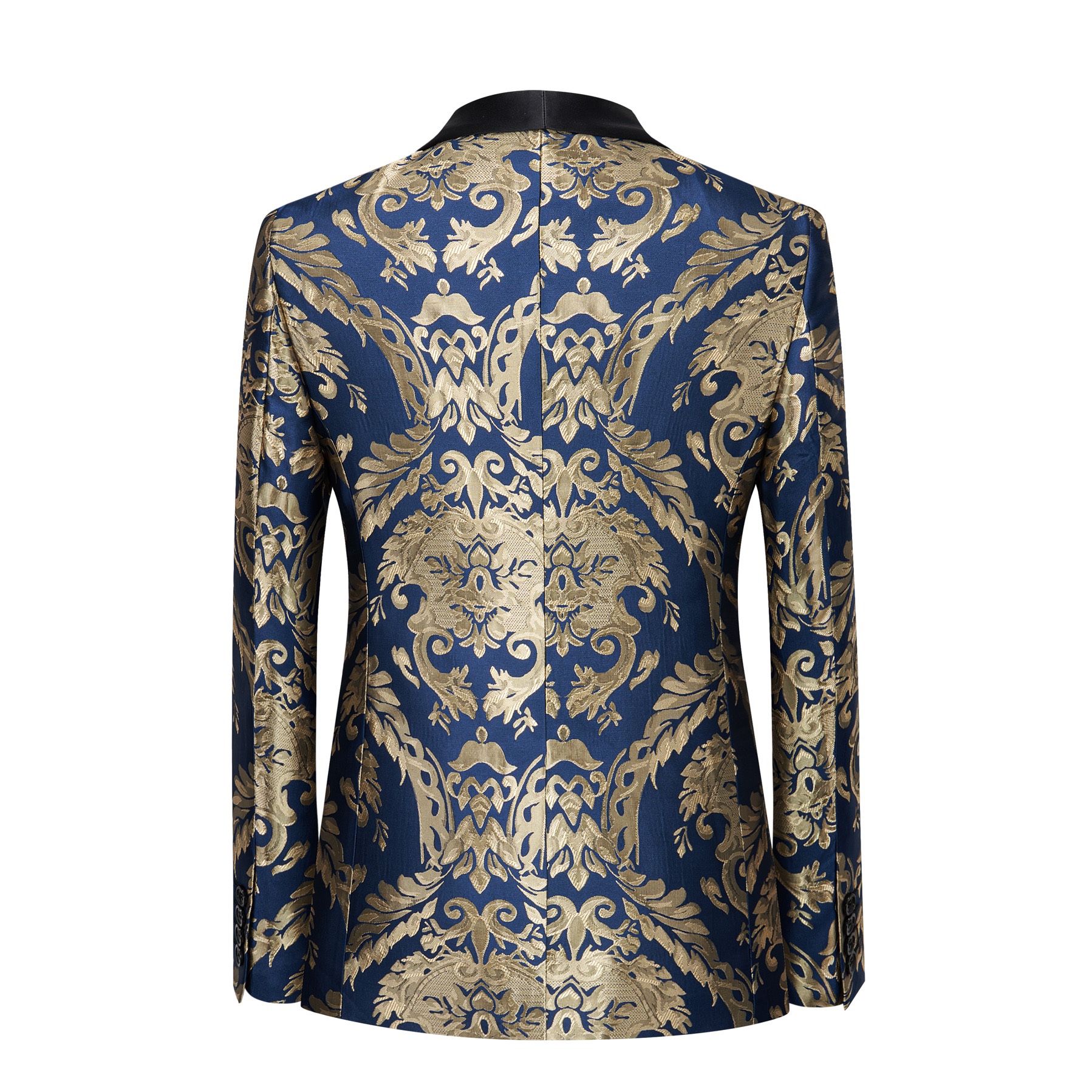 Front view of a men's blue and gold damask patterned blazer with black shawl lapels, one-button closure, and black trim