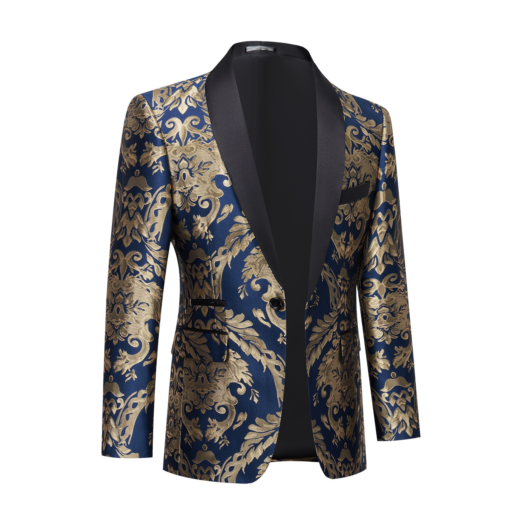 Front view of a men's blue and gold damask patterned blazer with black shawl lapels, one-button closure, and black trim