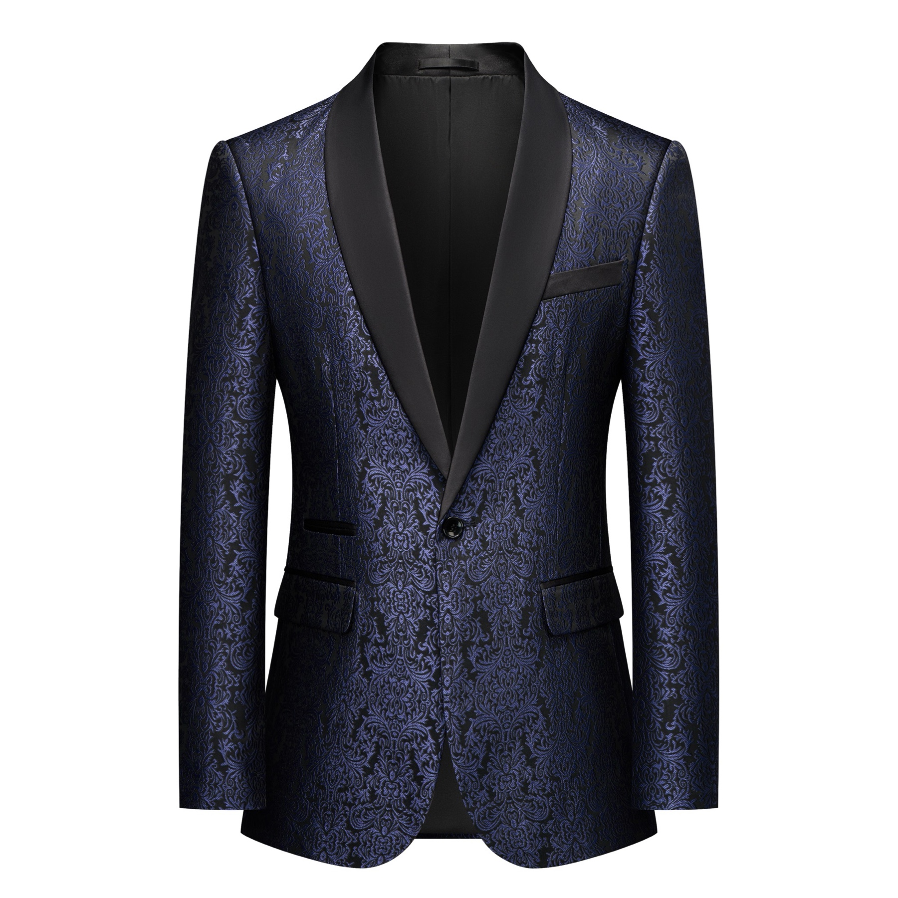 Front view of a men's black and navy damask pattern dinner jacket with a black satin shawl lapel and one-button closure.