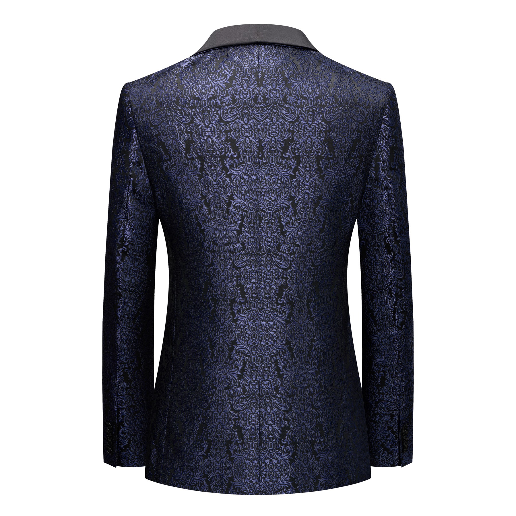 Front view of a men's black and navy damask pattern dinner jacket with a black satin shawl lapel and one-button closure.