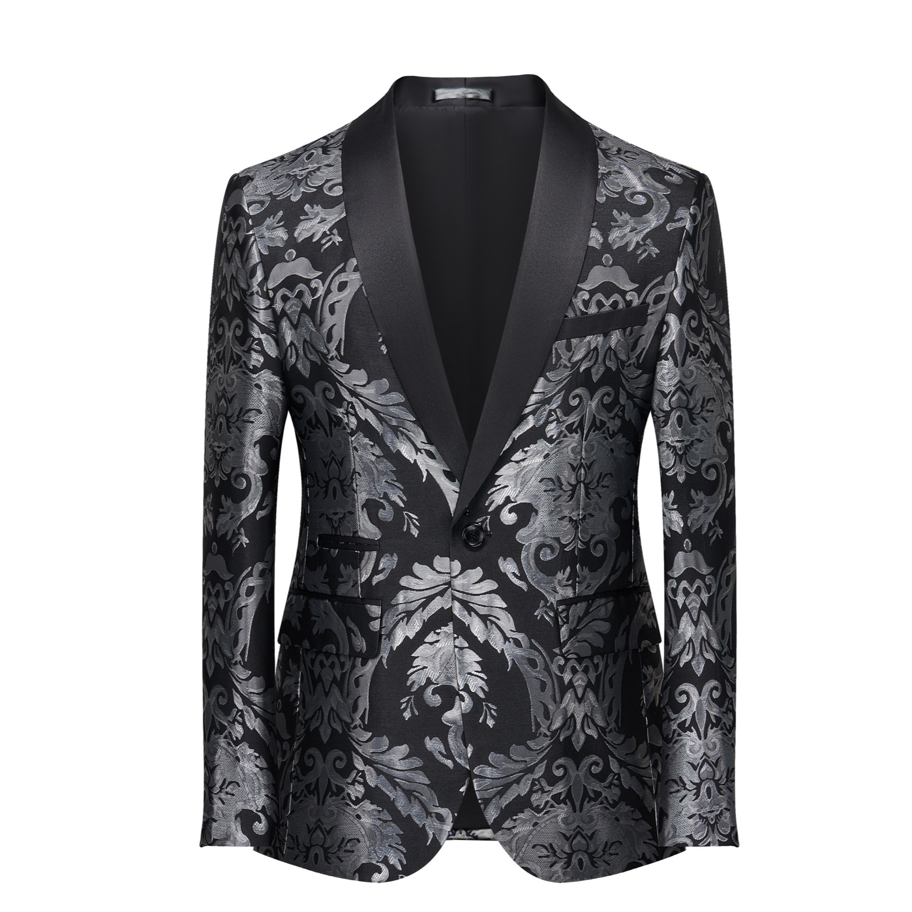Front view of a men's black suit jacket with silver damask pattern and black satin shawl lapels.