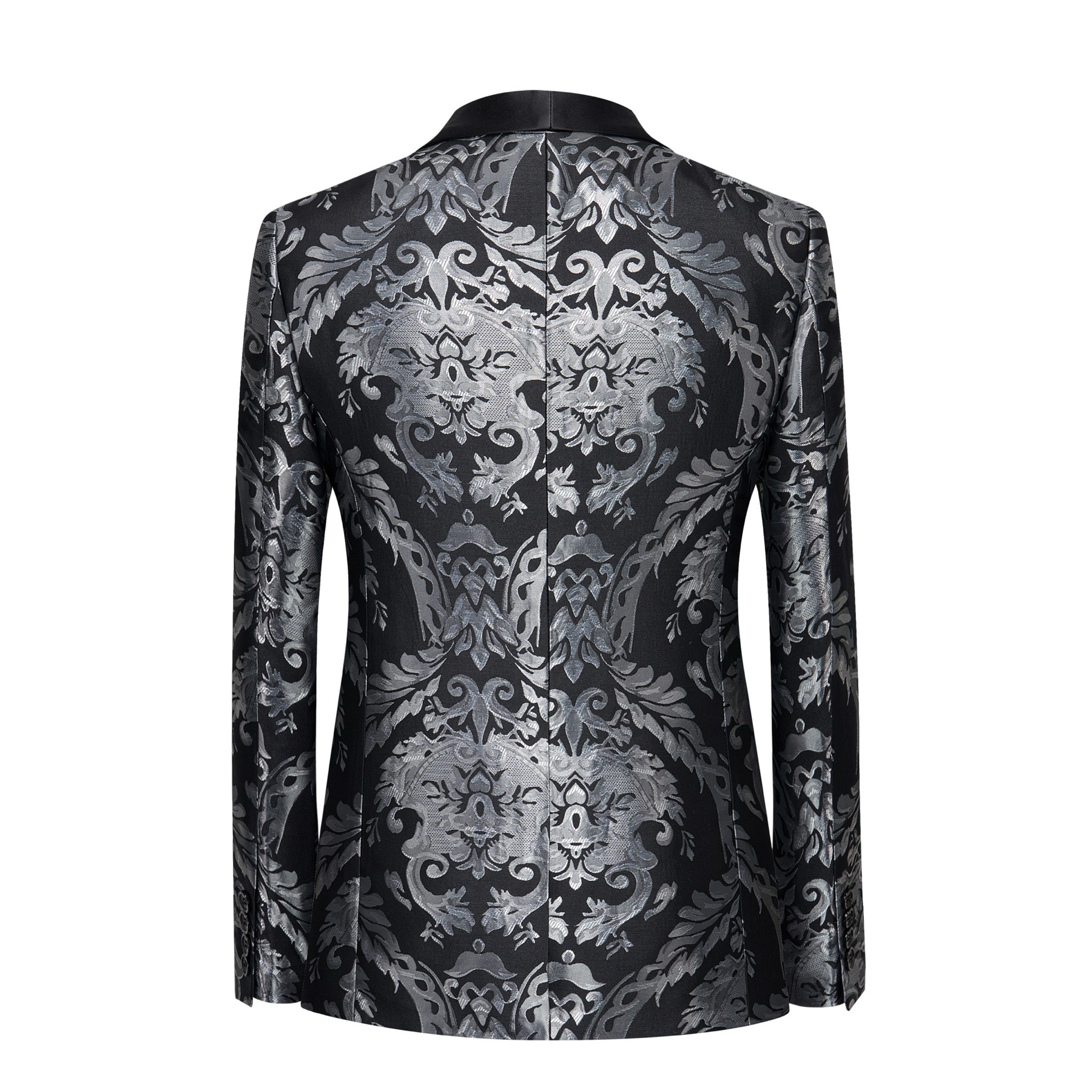 Front view of a men's black suit jacket with silver damask pattern and black satin shawl lapels.