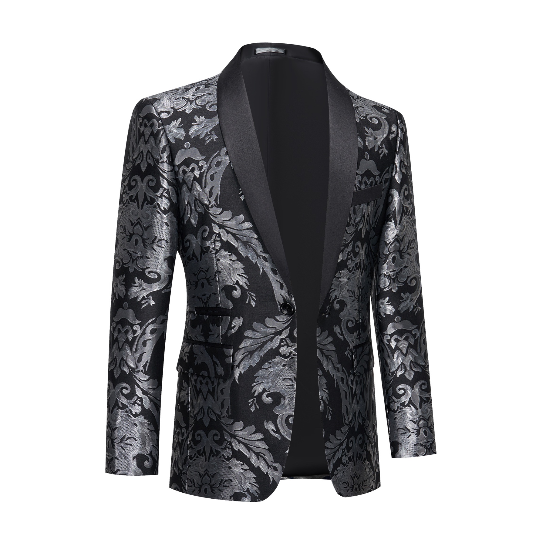 Front view of a men's black suit jacket with silver damask pattern and black satin shawl lapels.