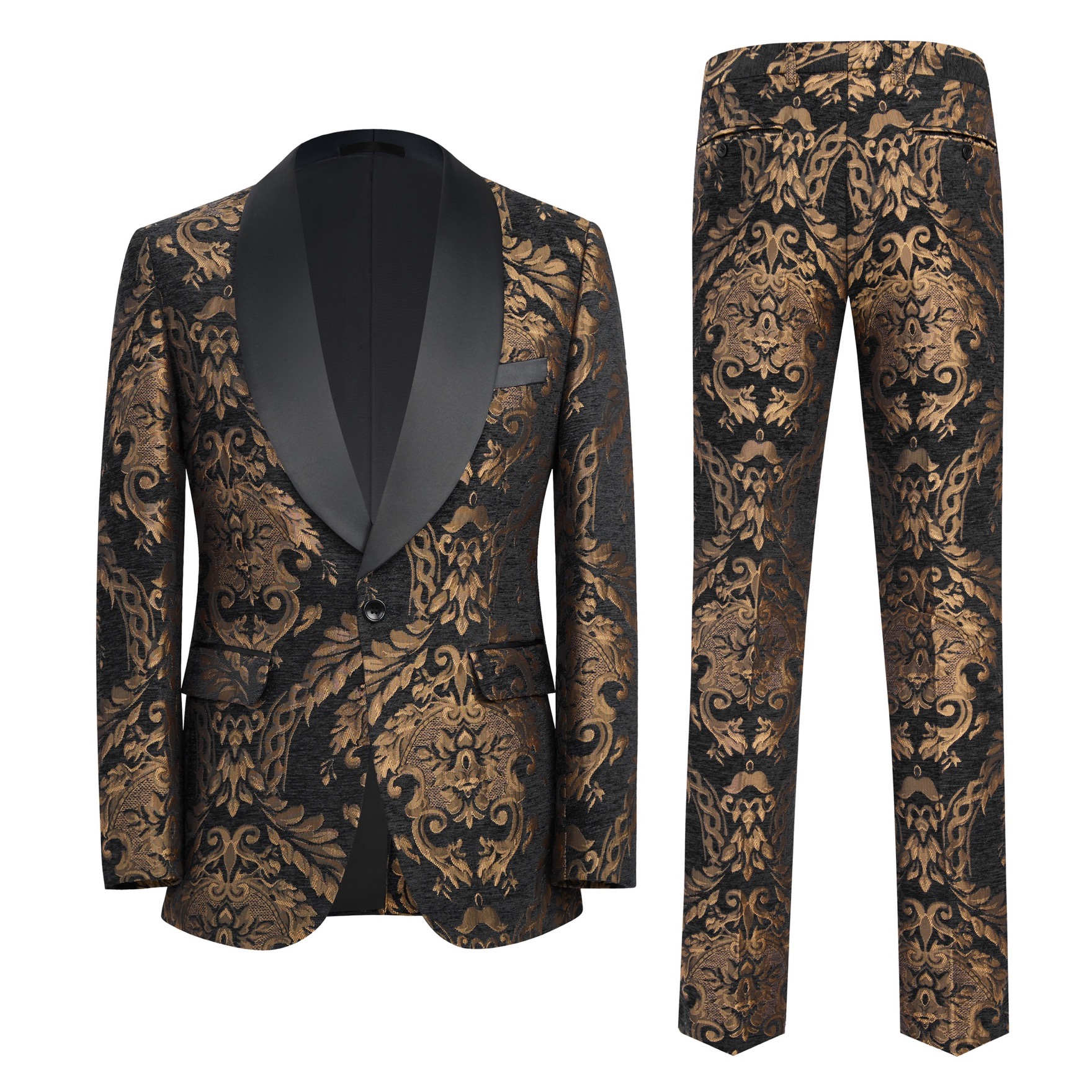 Front view of a men's black and gold damask patterned tuxedo suit with a black satin shawl lapel and one button closure.