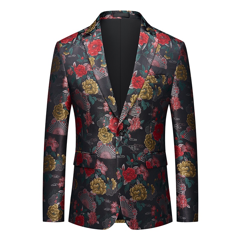 Front view of a men's dark floral jacquard blazer with red, yellow, and green flowers and fan motifs.