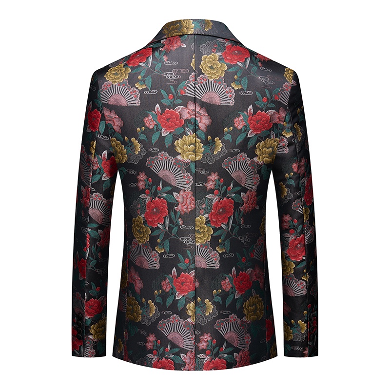 Front view of a men's dark floral jacquard blazer with red, yellow, and green flowers and fan motifs.
