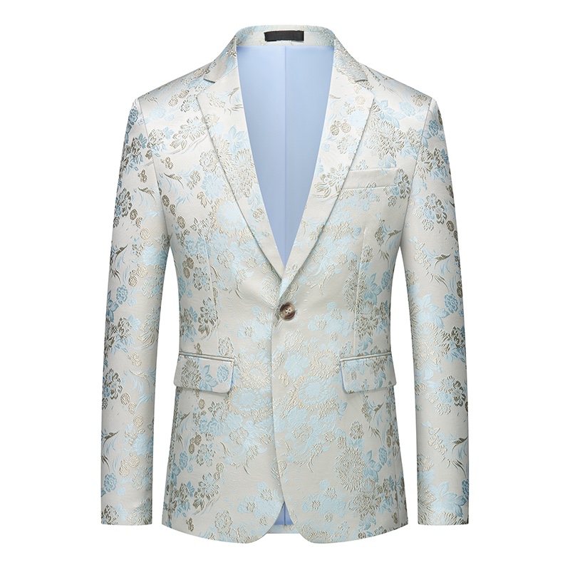 Close-up of a men's light blue and cream floral brocade suit jacket with a single marbled brown button.