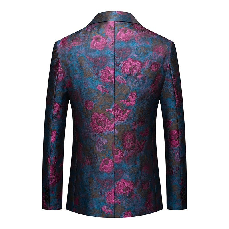 Men's teal and magenta jacquard rose pattern suit jacket with a single button closure.
