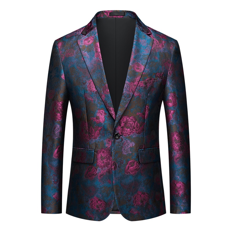Men's teal and magenta jacquard rose pattern suit jacket with a single button closure.