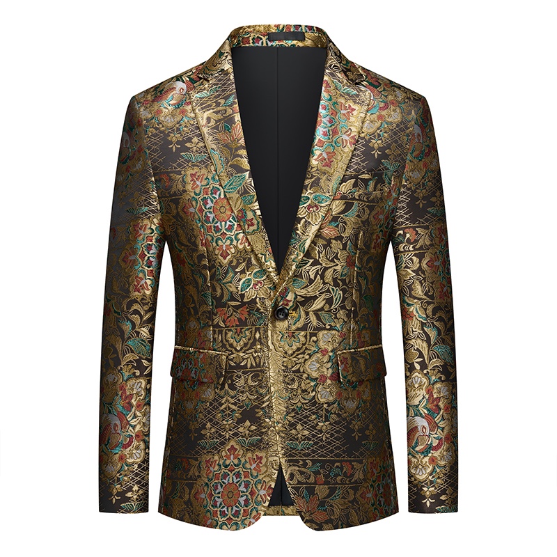 Back view of a men's gold brocade blazer with intricate floral and geometric patterns in red, green, and blue accents.