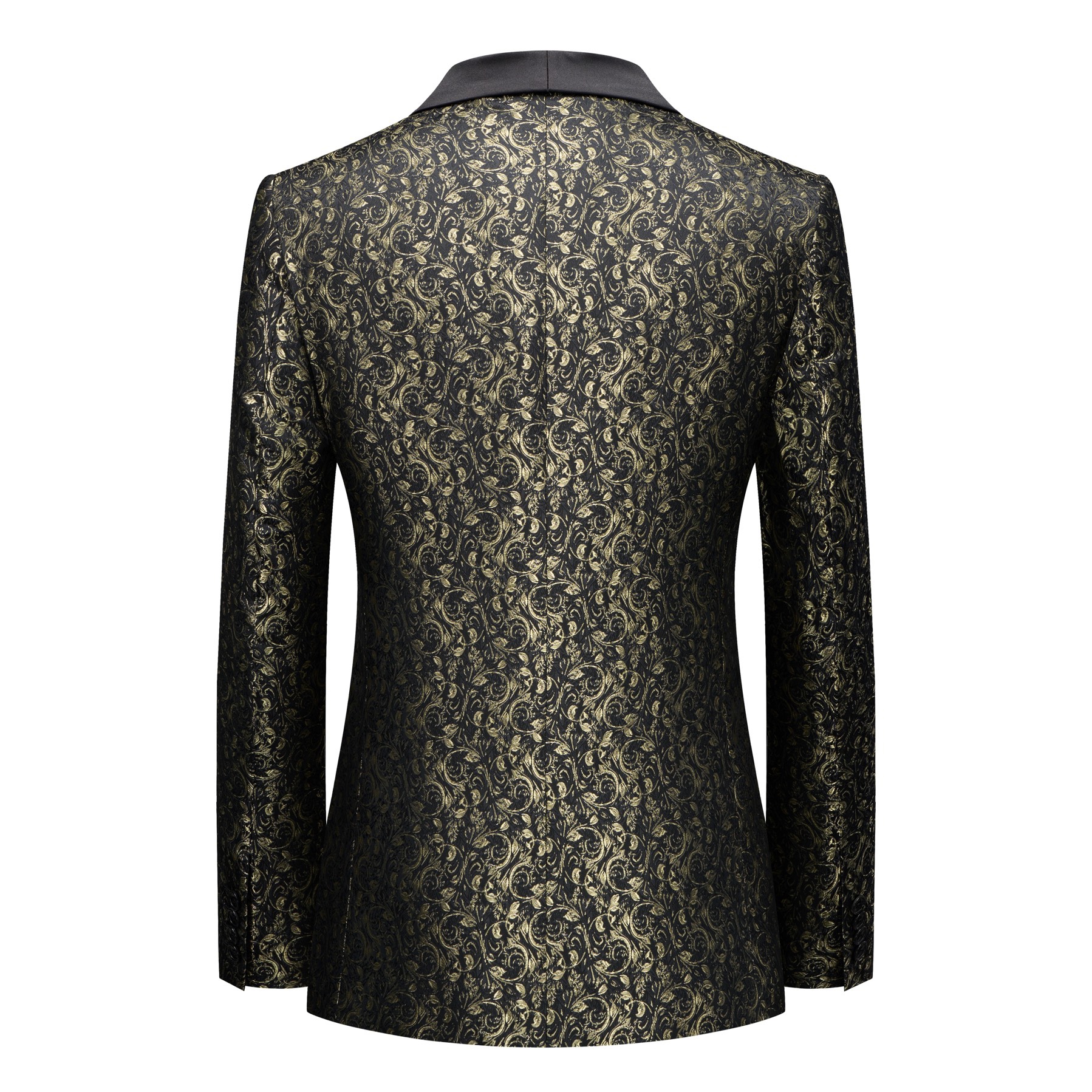 Front view of a men's black tuxedo jacket with gold floral jacquard pattern and black satin shawl lapel.