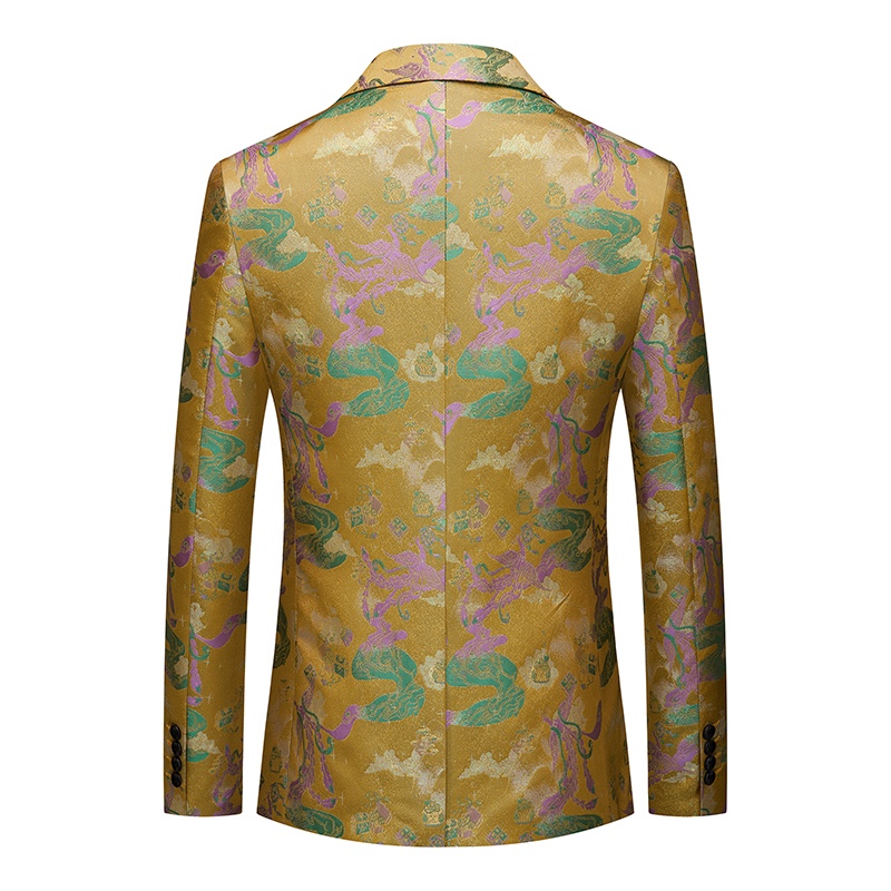 Front view of a men's gold jacquard blazer with green and purple mythical creature patterns, featuring a single black button