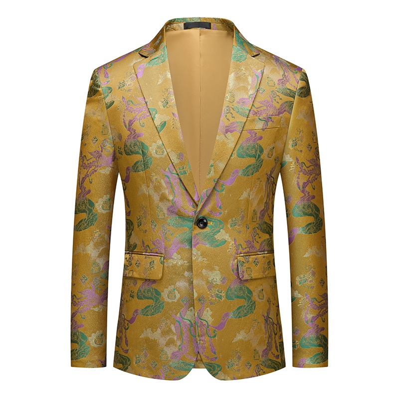 Front view of a men's gold jacquard blazer with green and purple mythical creature patterns, featuring a single black button