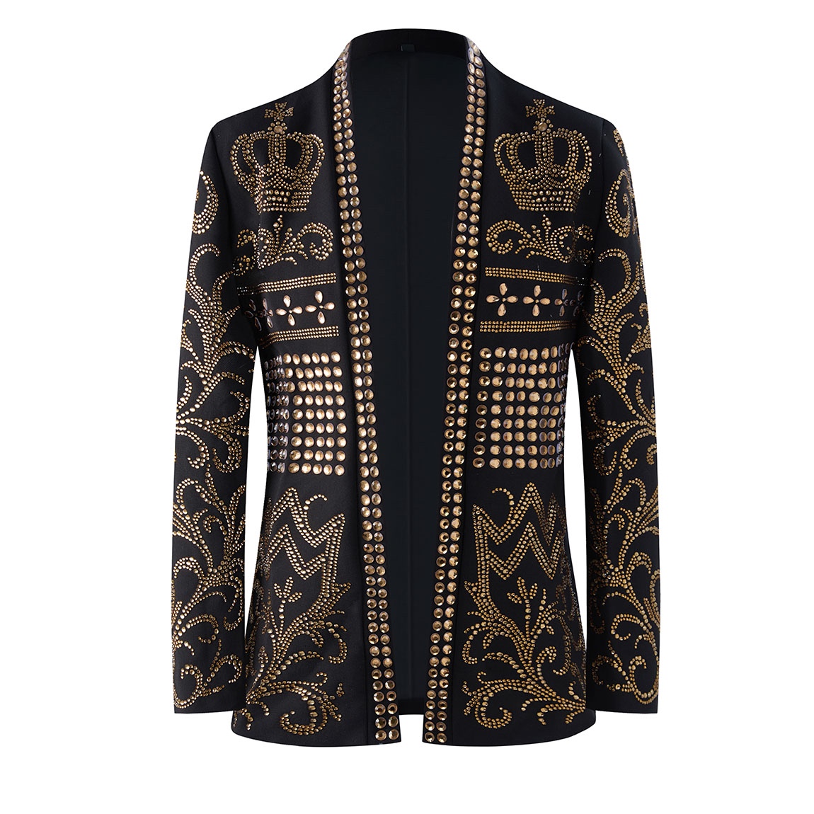 Front view of a black men's blazer adorned with gold studs forming crown and scroll patterns.