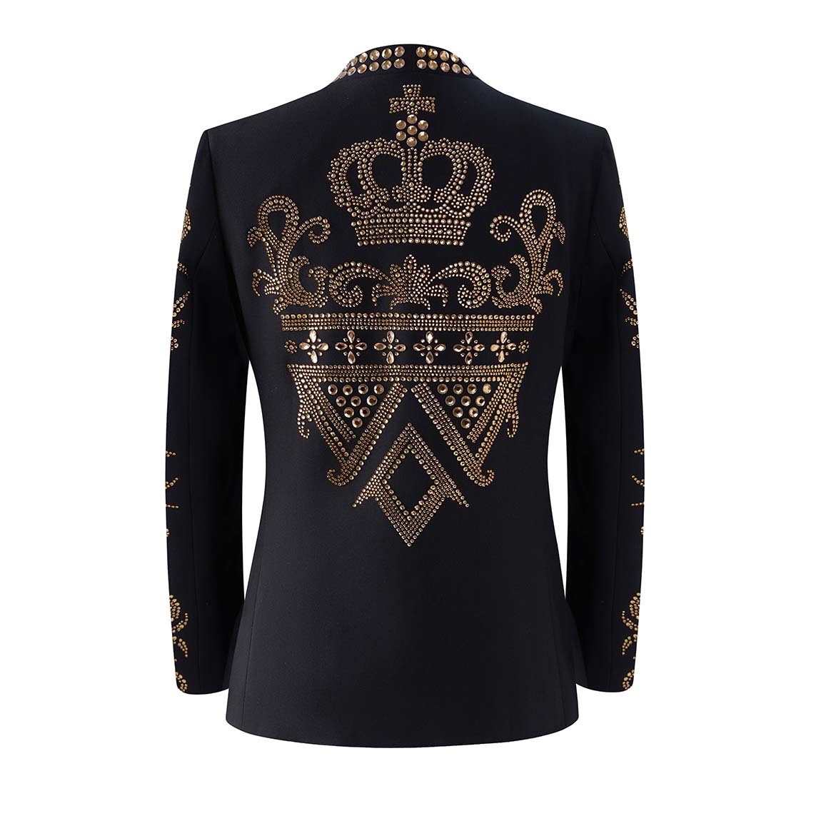Front view of a black men's blazer adorned with gold studs forming crown and scroll patterns.