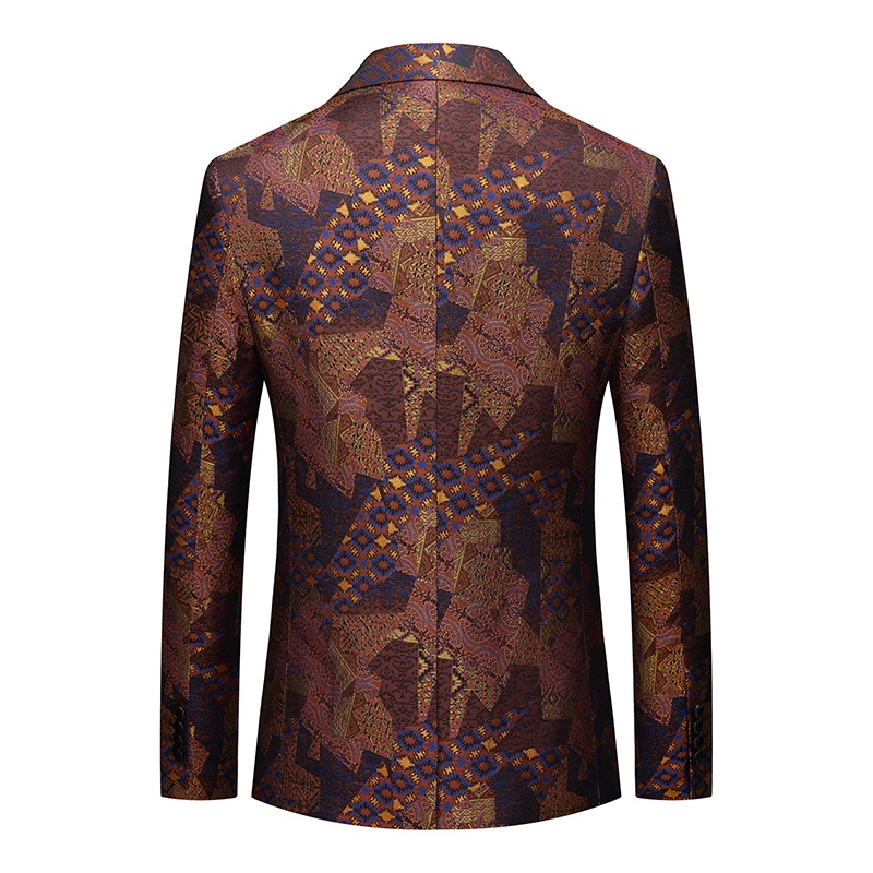 Close-up of a men's brown, blue, and gold abstract patterned jacquard suit jacket with one button closure and four-button