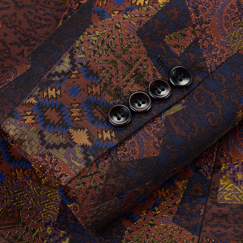 Close-up of a men's brown, blue, and gold abstract patterned jacquard suit jacket with one button closure and four-button
