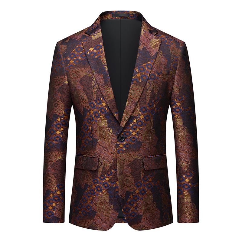 Close-up of a men's brown, blue, and gold abstract patterned jacquard suit jacket with one button closure and four-button