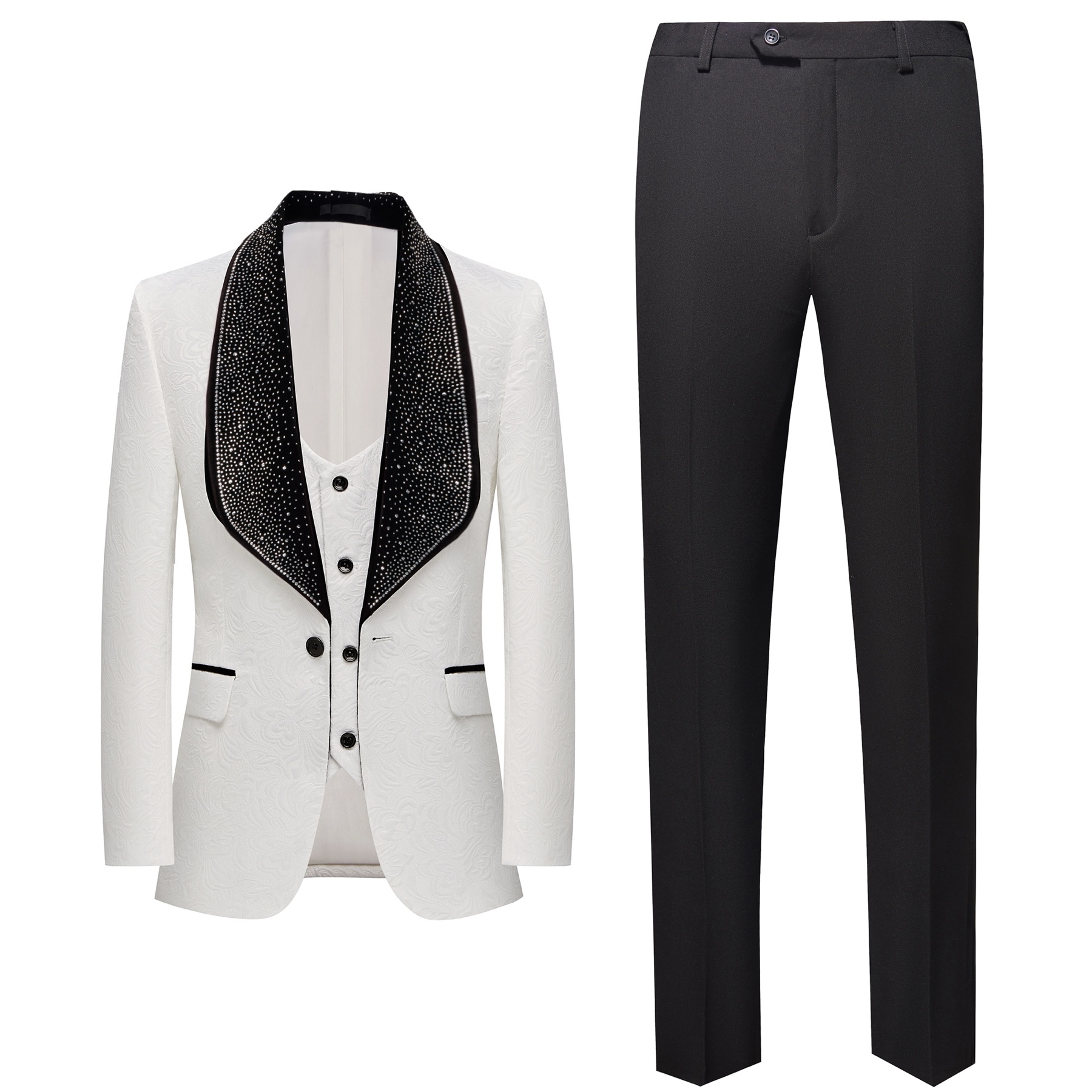 Men's 3-piece jacquard suit with rhinestone shawl lapel, including jacket, vest, and black trousers, available in multiple