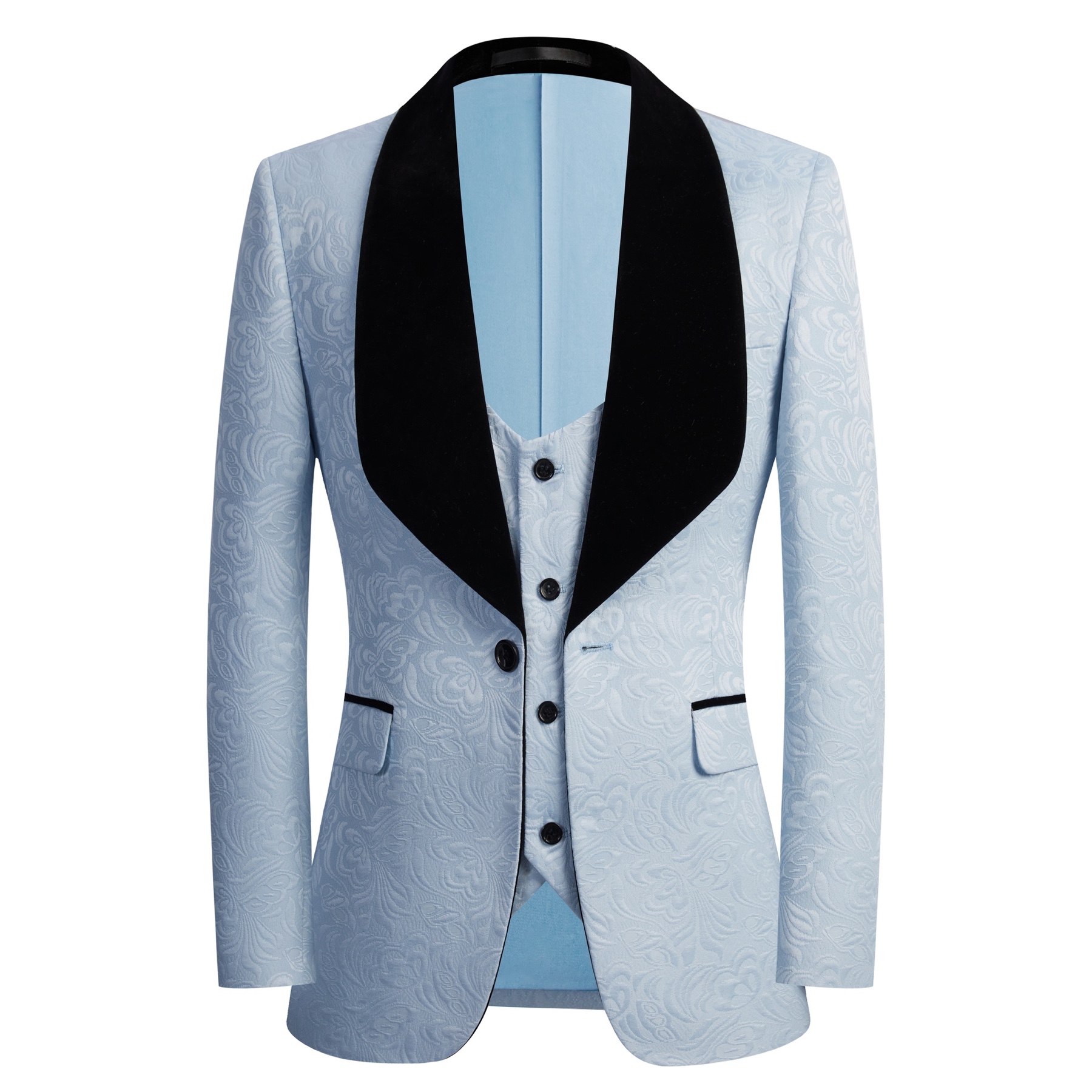 Front view of a light blue jacquard suit vest with black buttons and a V-neck.