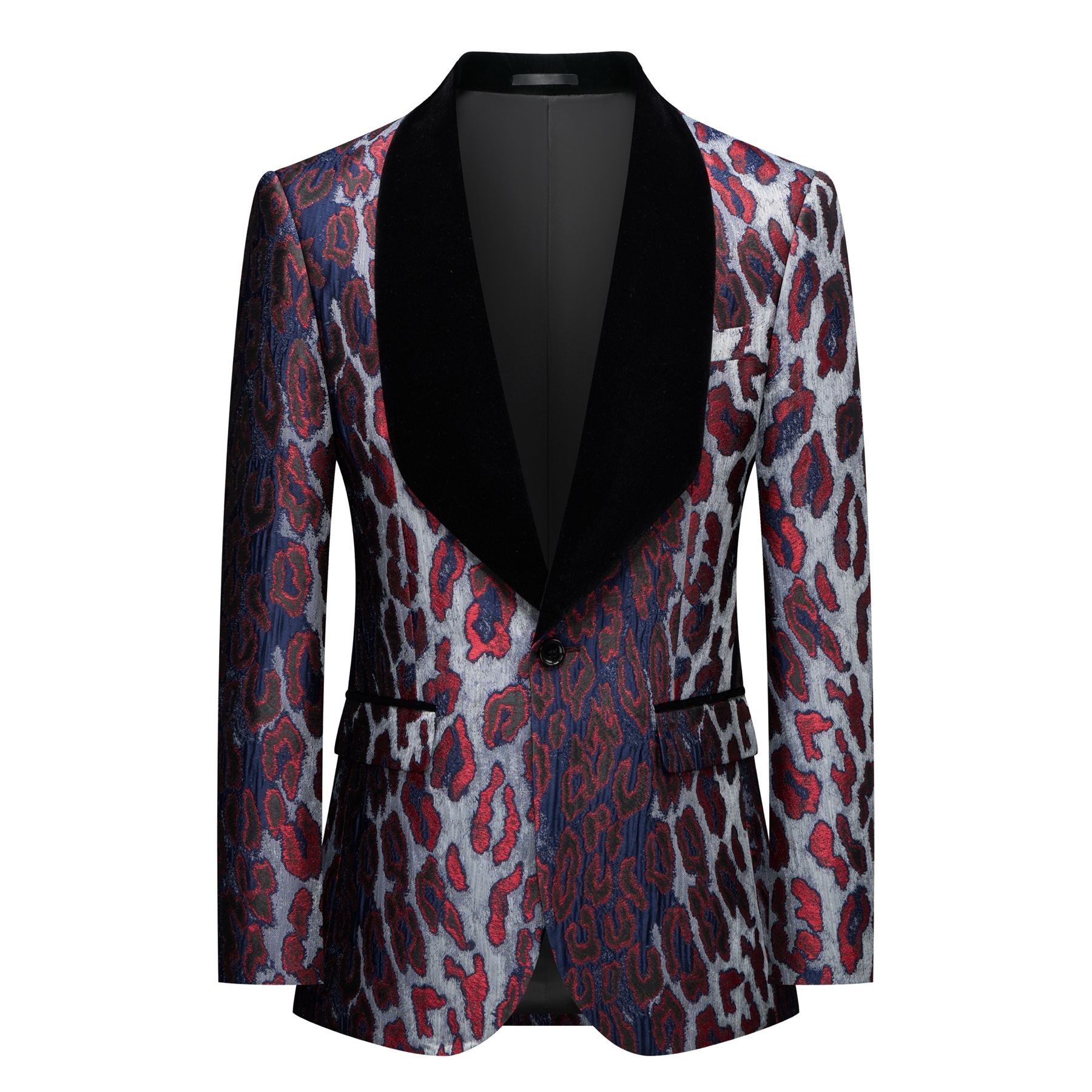 Front view of a men's red, blue, and silver leopard print jacquard blazer with a black velvet shawl lapel and a single-button