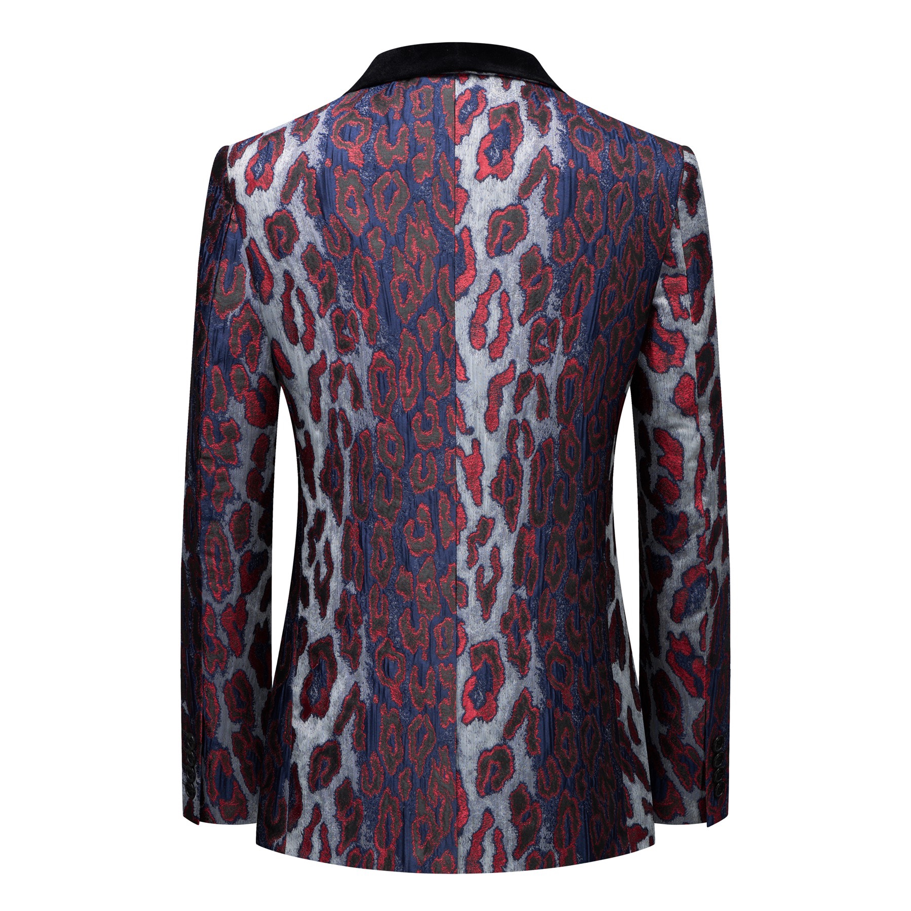 Front view of a men's red, blue, and silver leopard print jacquard blazer with a black velvet shawl lapel and a single-button