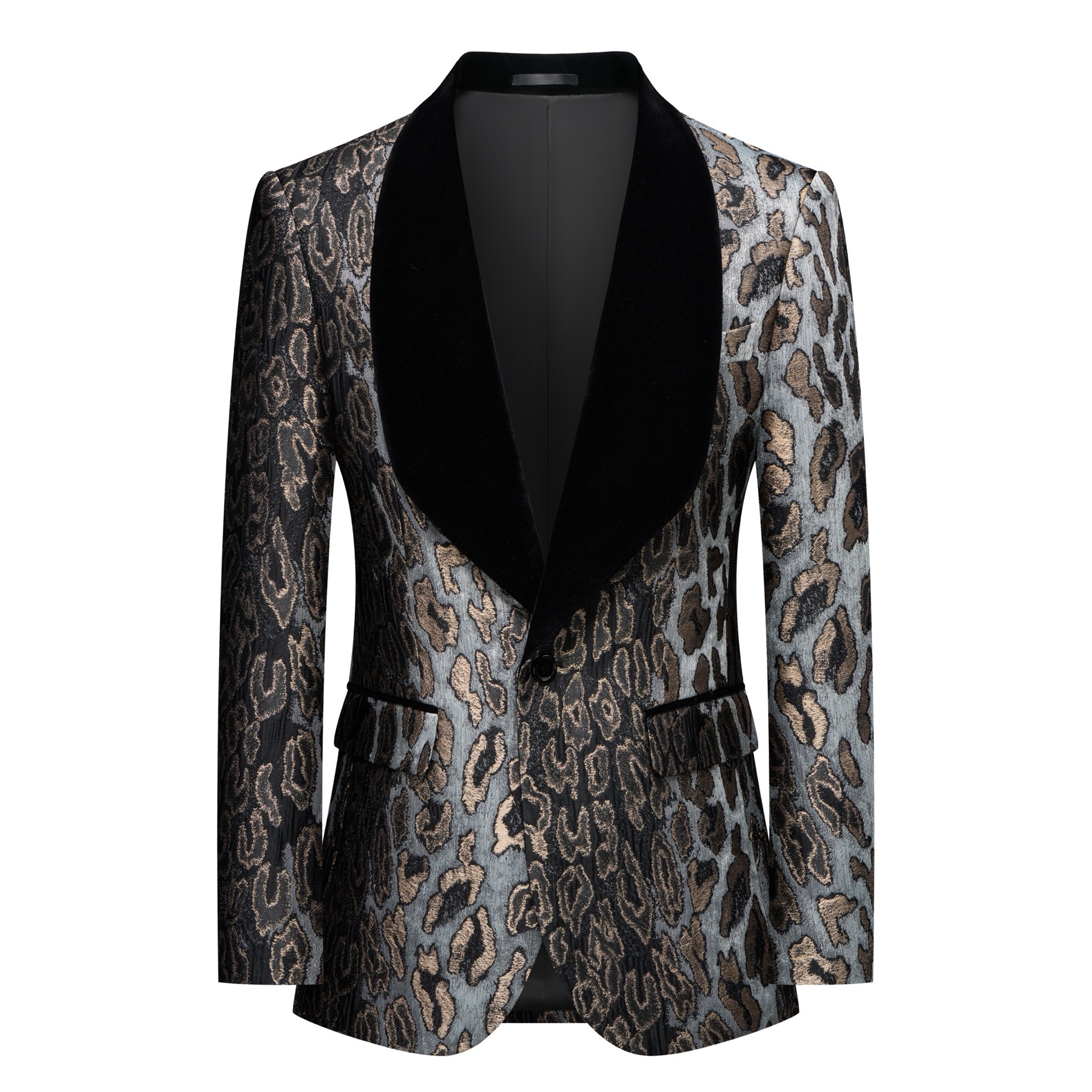 Front view of a men's black, gold, and grey leopard print tuxedo jacket with a black velvet shawl lapel and one-button